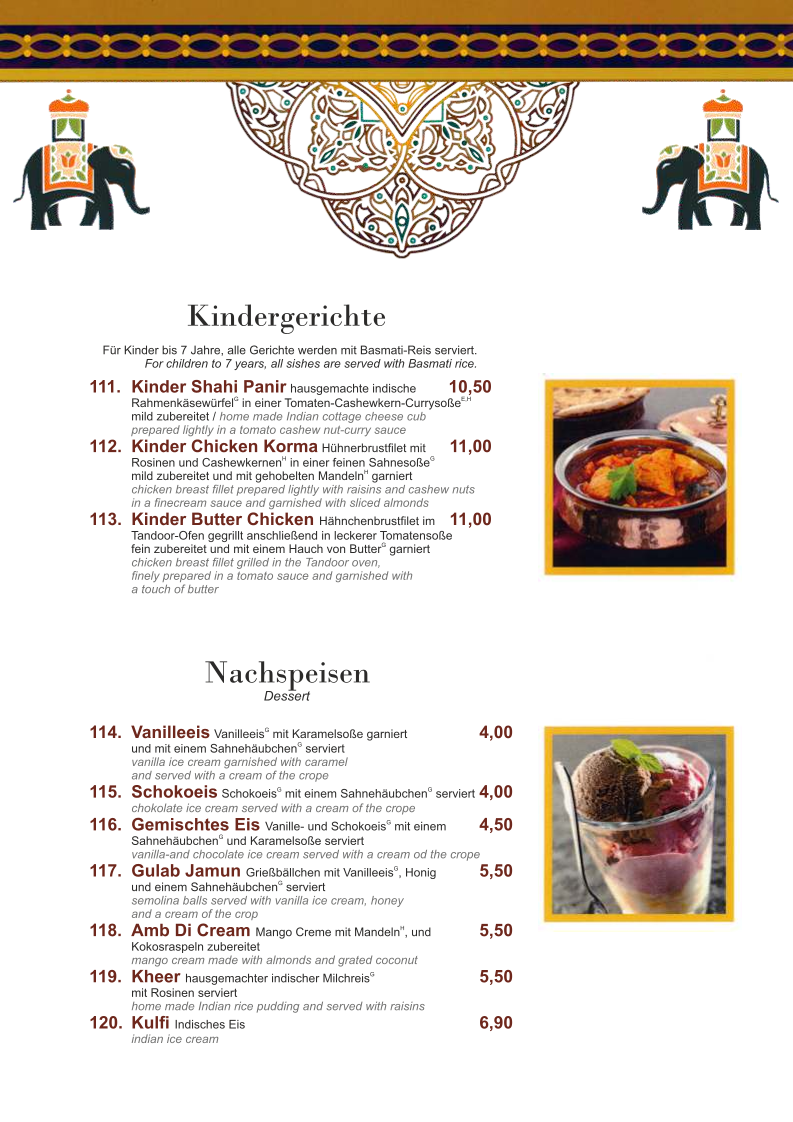 Speisekarte, Maharaja Palace Grimma