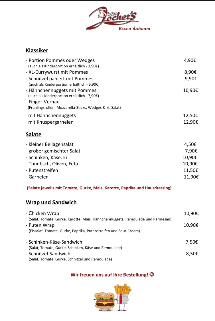 Speisekarte, Jocher's Bistro (Essen dahoam)