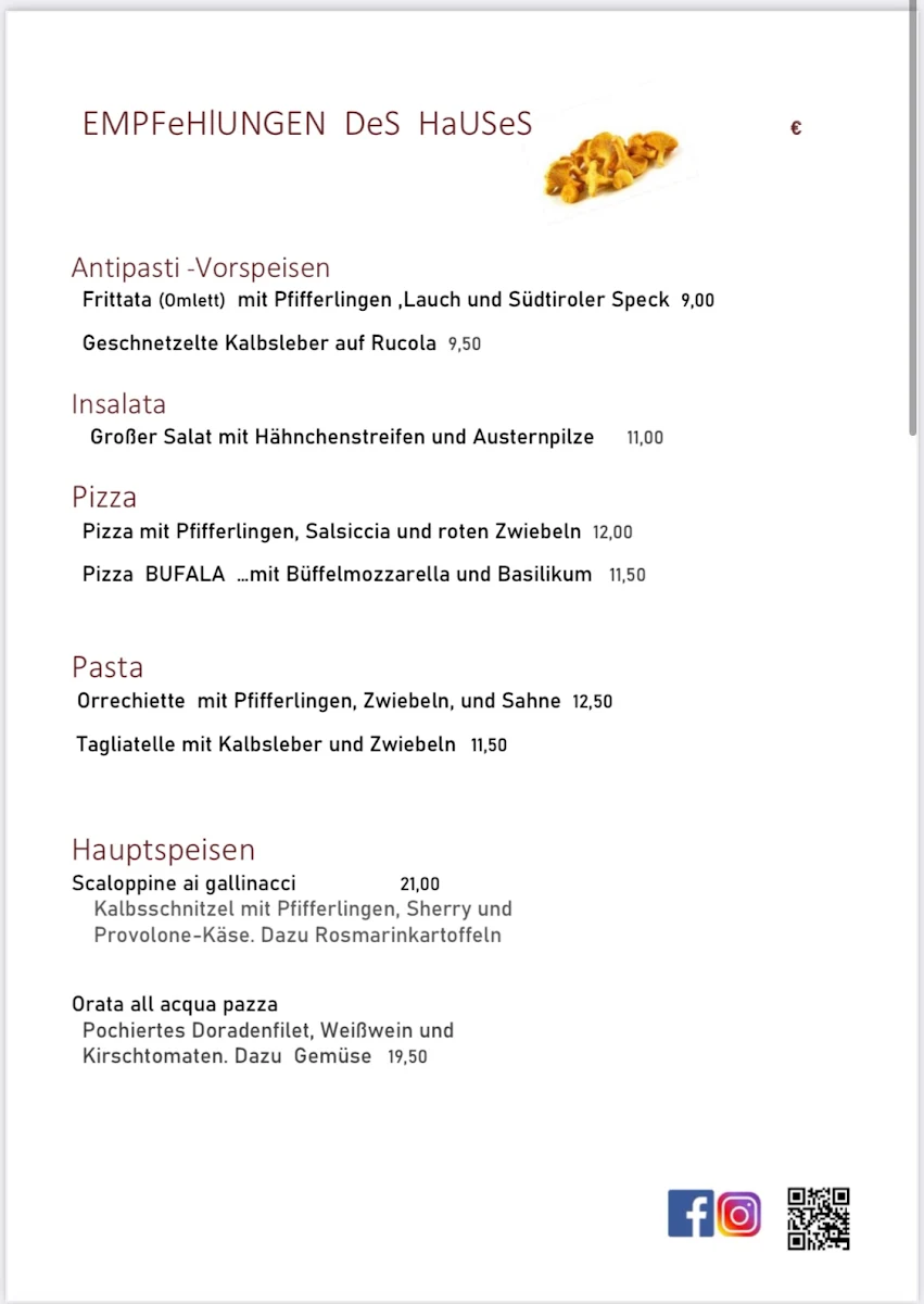 Speisekarte, Tore Ristorante Pizzeria
