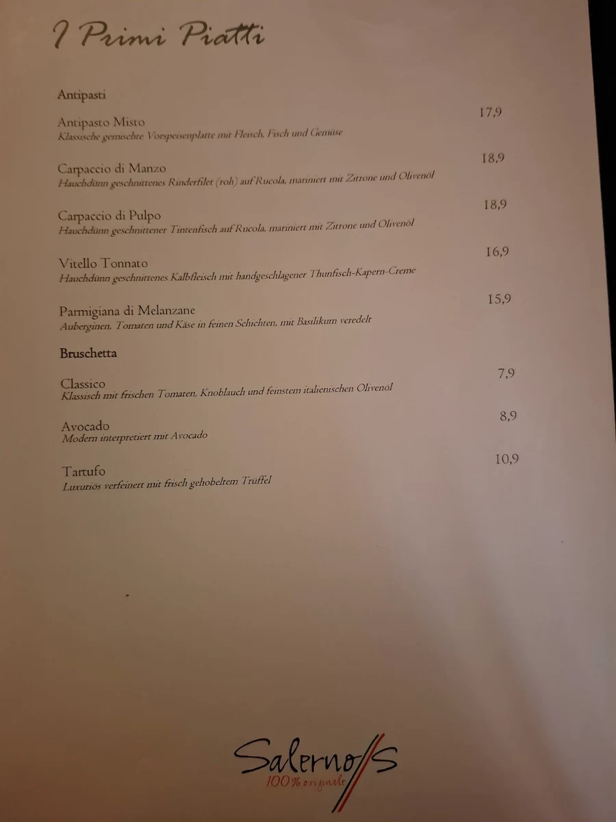Speisekarte, Salerno’s