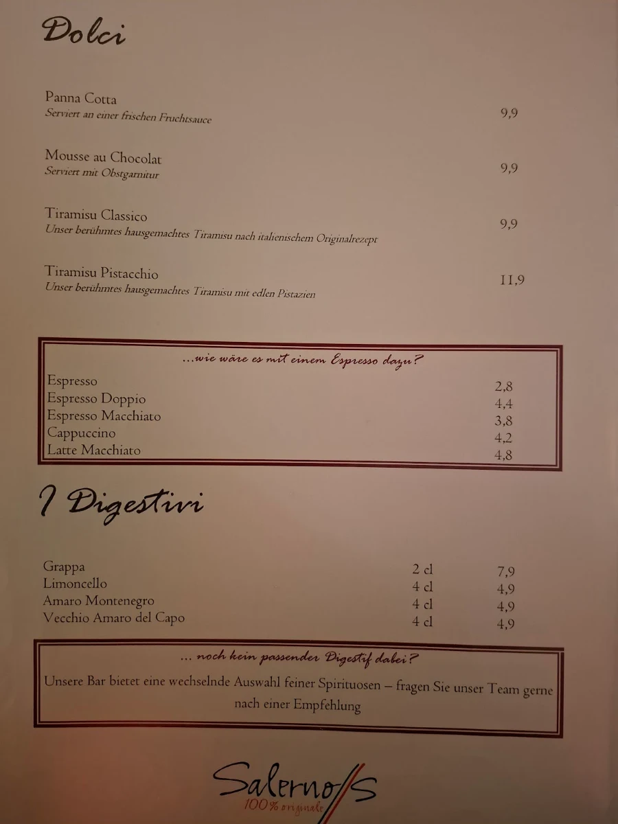 Speisekarte, Salerno’s