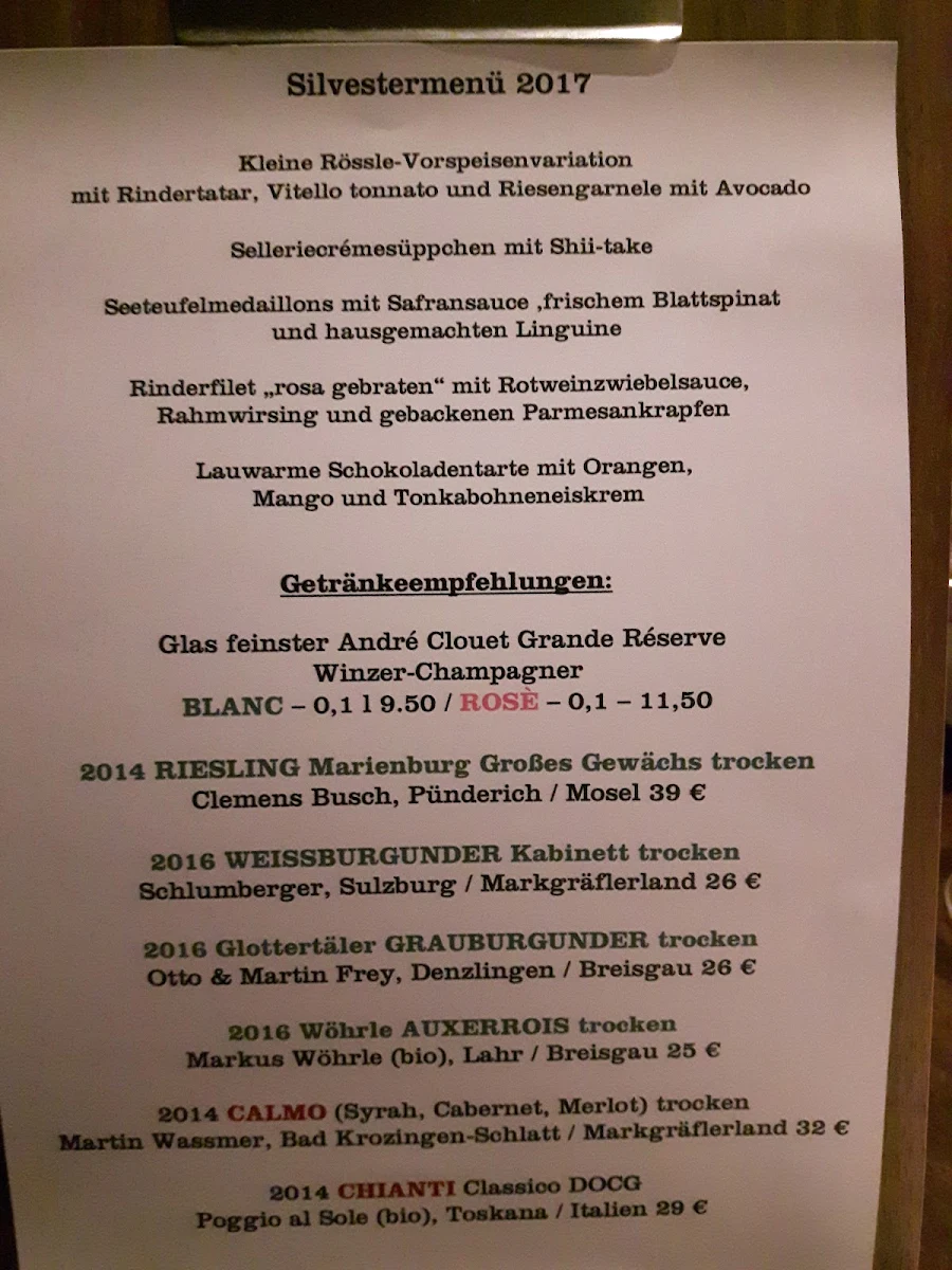 Speisekarte, Gasthaus Rössle