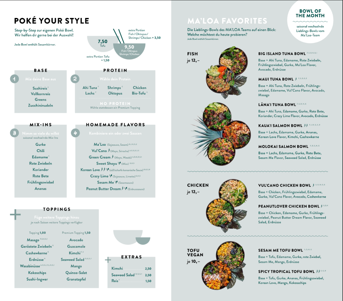Speisekarte, MA'LOA Poké Bowl