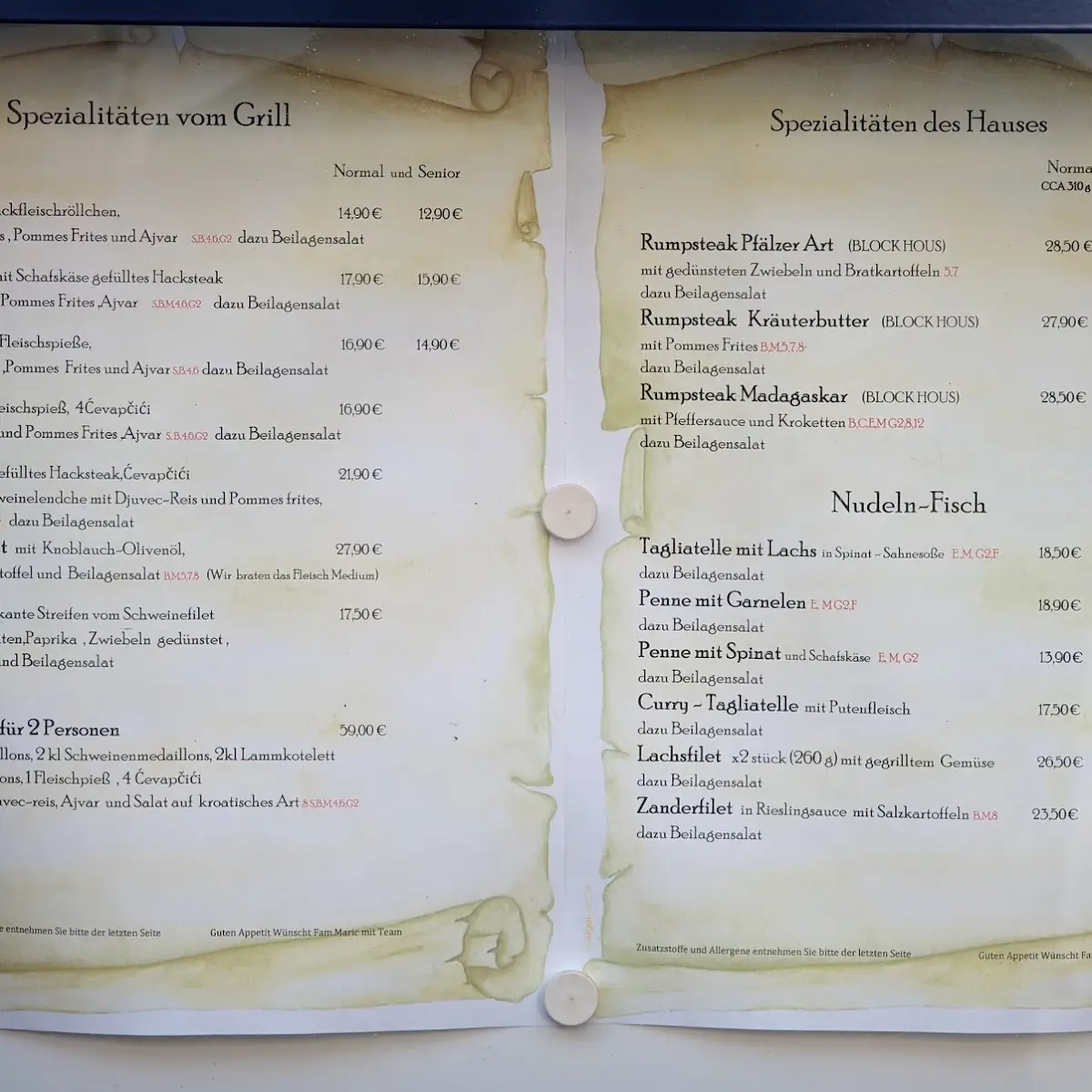 Speisekarte, Weinstube Krabbenescht