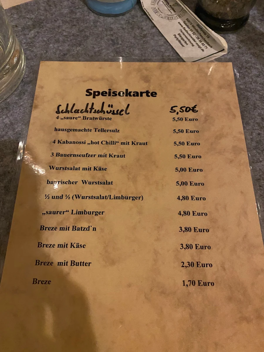 Speisekarte, Zoigl zum Fiedlschneider