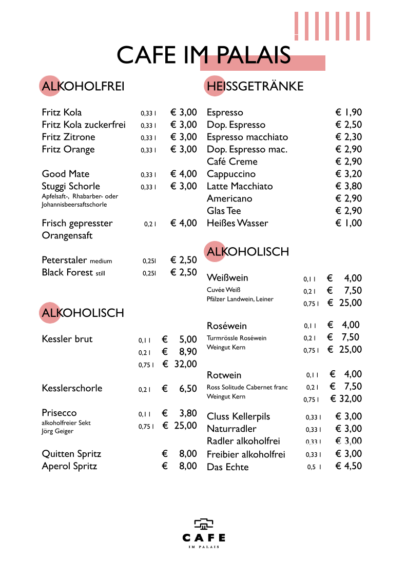 Speisekarte, Cafe im Palais