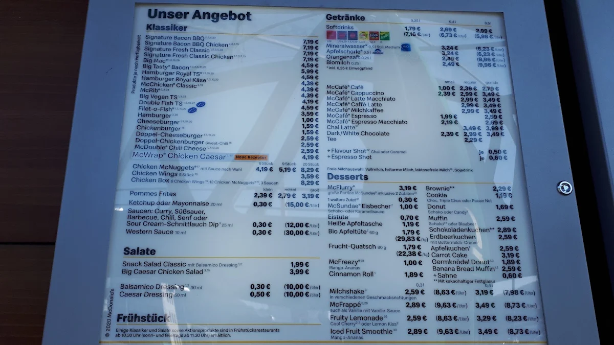 Speisekarte, McDonald's