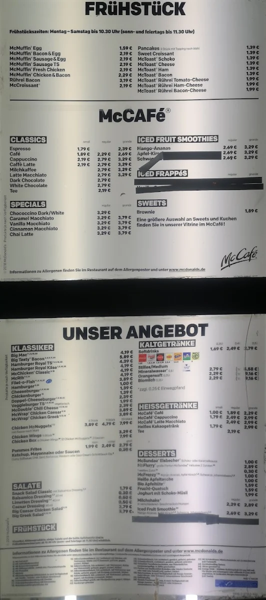 Speisekarte, McDonald's