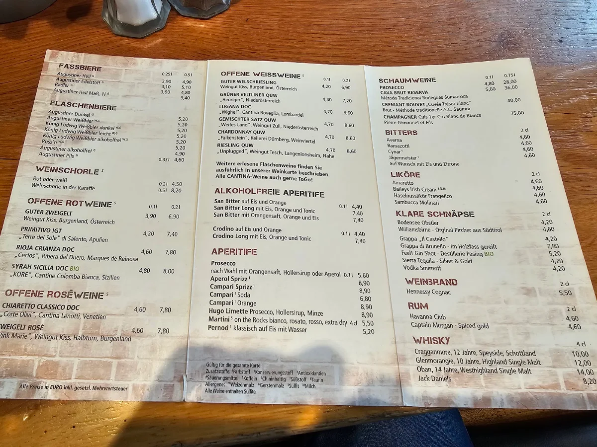 Speisekarte, Cantina in der Pasinger Fabrik GmbH