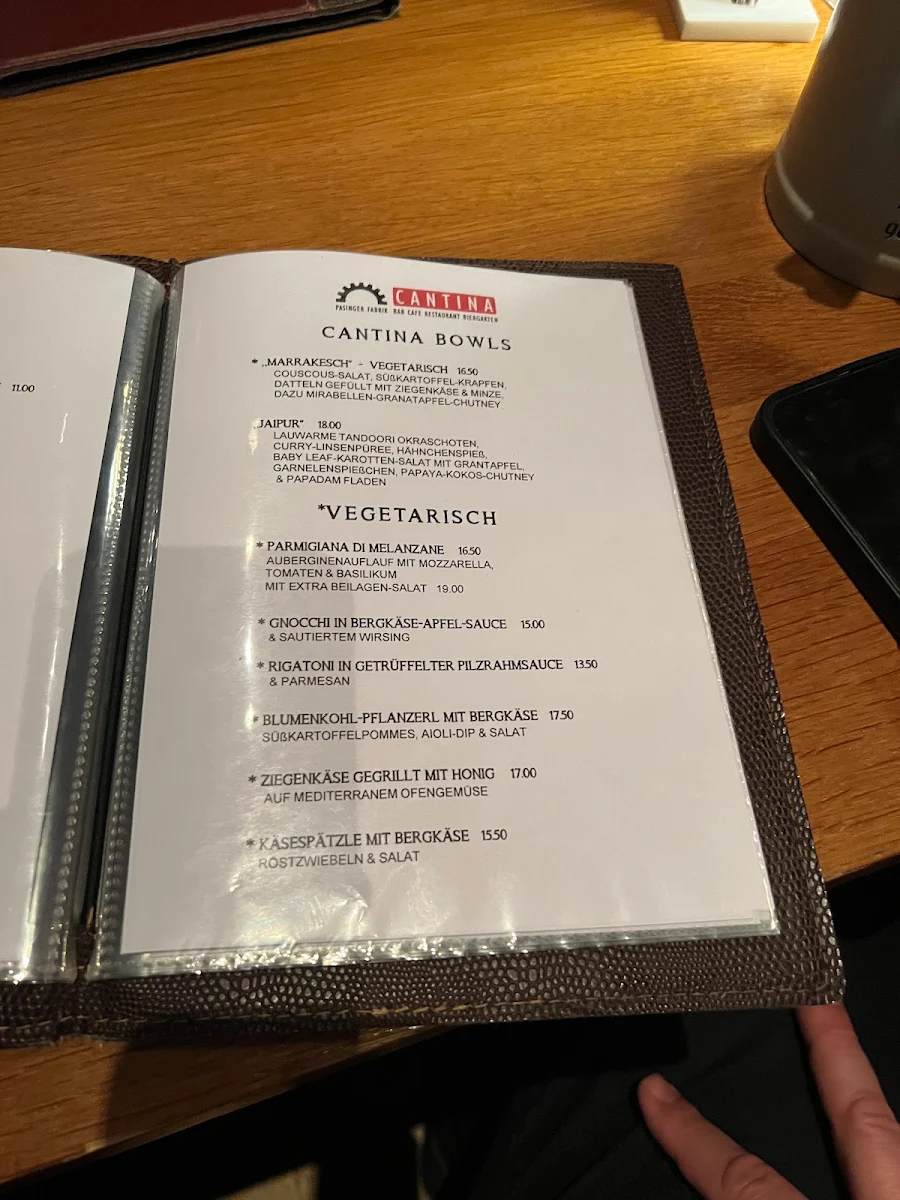 Speisekarte, Cantina in der Pasinger Fabrik GmbH