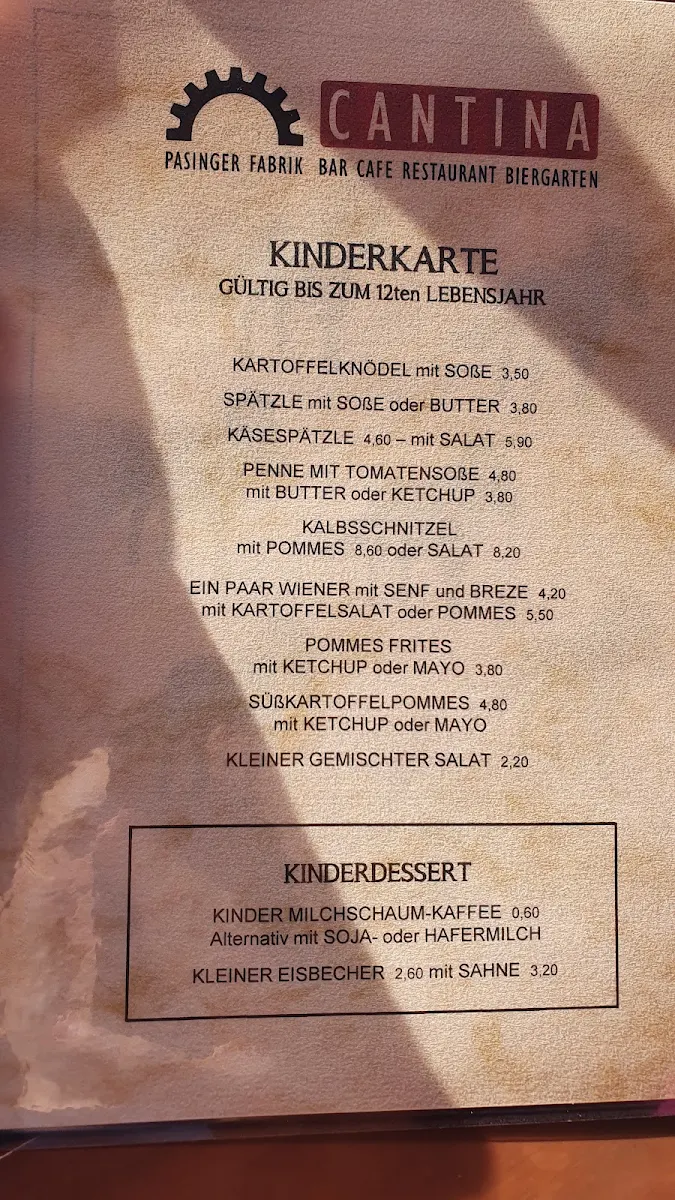 Speisekarte, Cantina in der Pasinger Fabrik GmbH