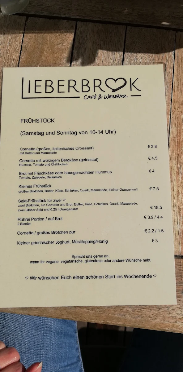 Speisekarte, Lieberbrook Café & Weinbar
