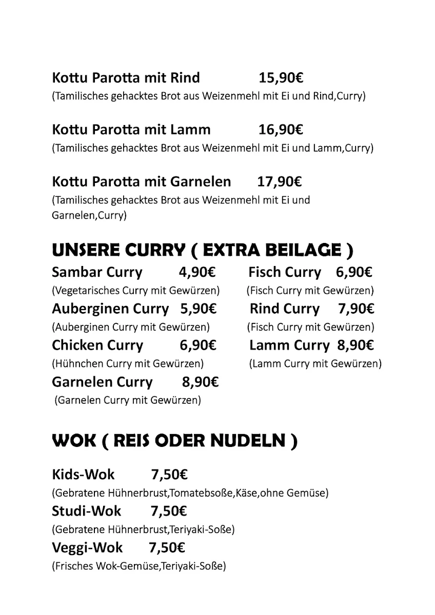 Speisekarte, Sri Lanka Wok