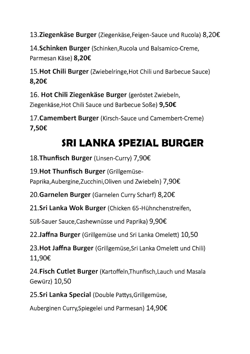 Speisekarte, Sri Lanka Wok