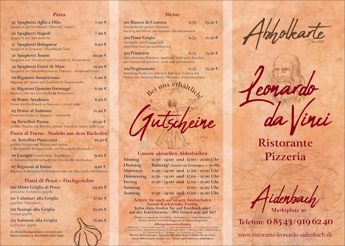 Speisekarte, Leonardo da Vinci Ristorante Pizzeria