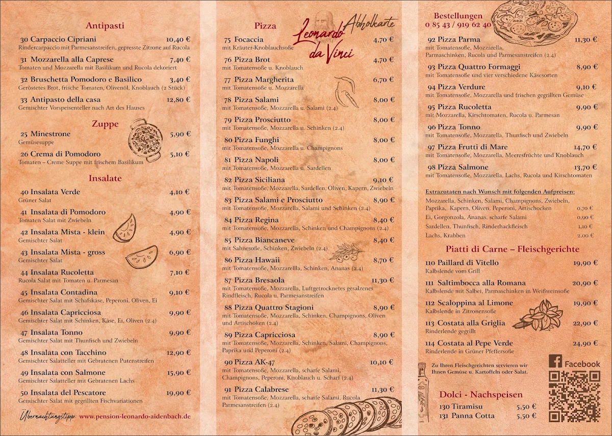 Speisekarte, Leonardo da Vinci Ristorante Pizzeria
