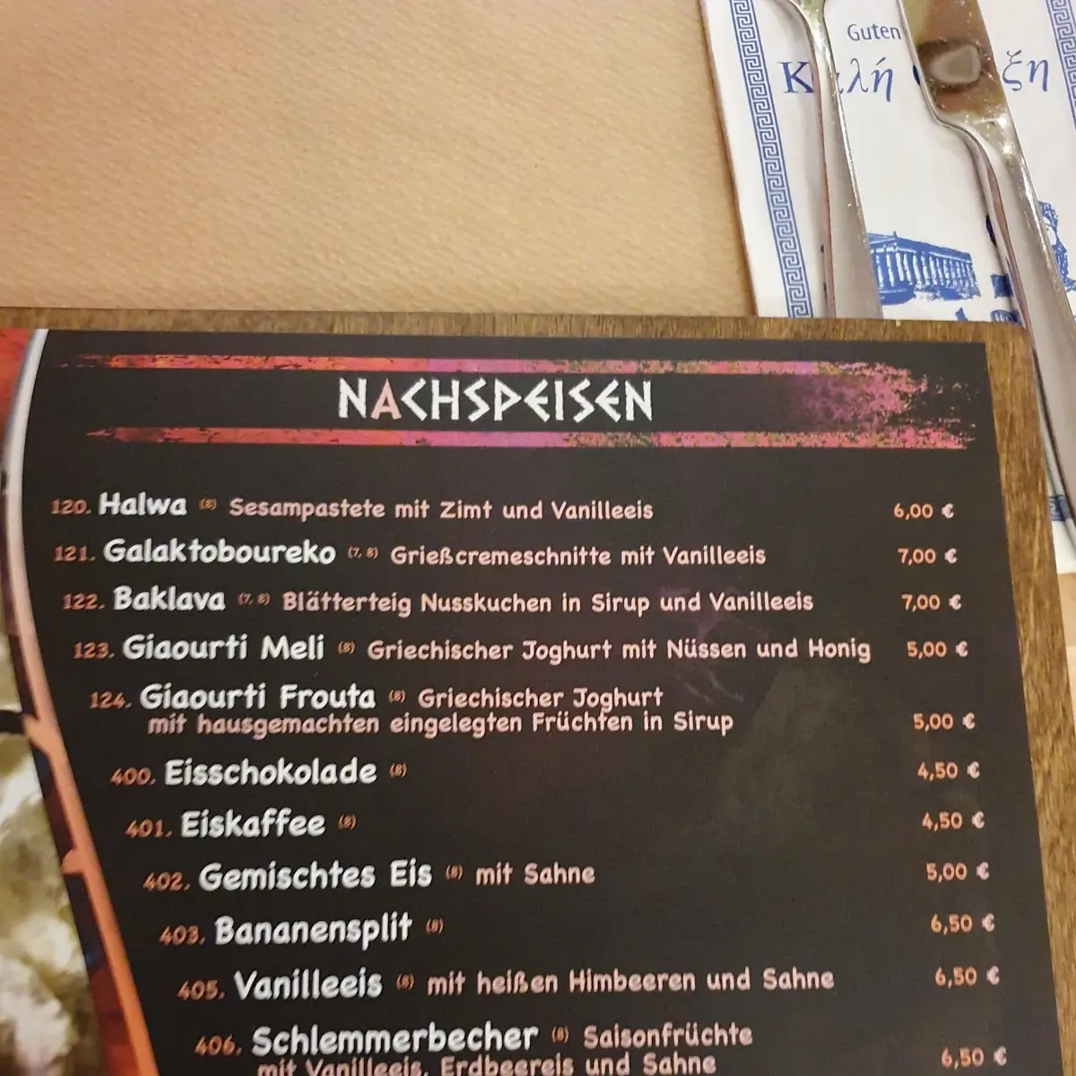 Speisekarte, Hotel Restaurant Syrtaki