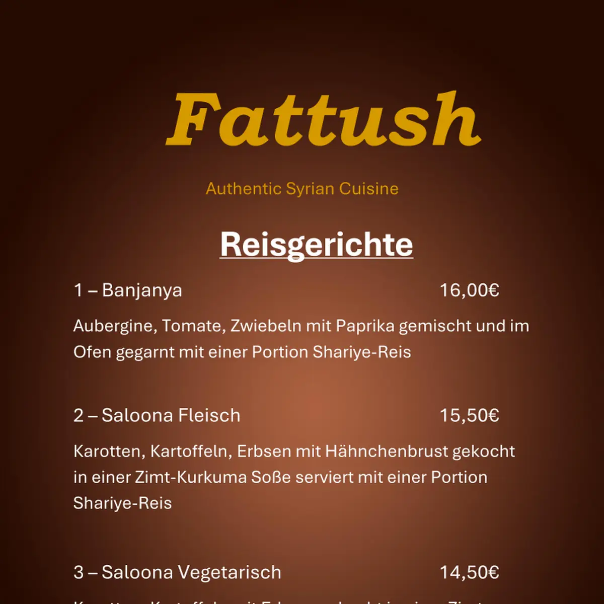 Speisekarte, Fattush - Syrisches Restaurant Schwabach