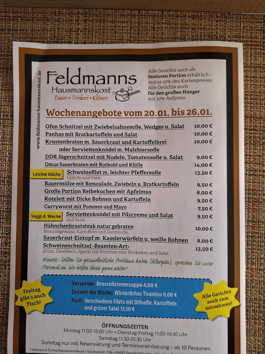 Speisekarte, Feldmanns echte Hausmannskost