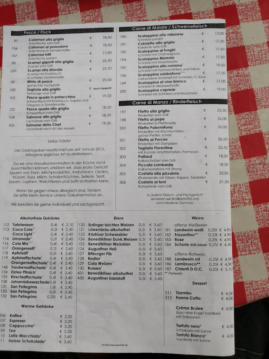 Speisekarte, Pizzeria Ristorante da Salvatore