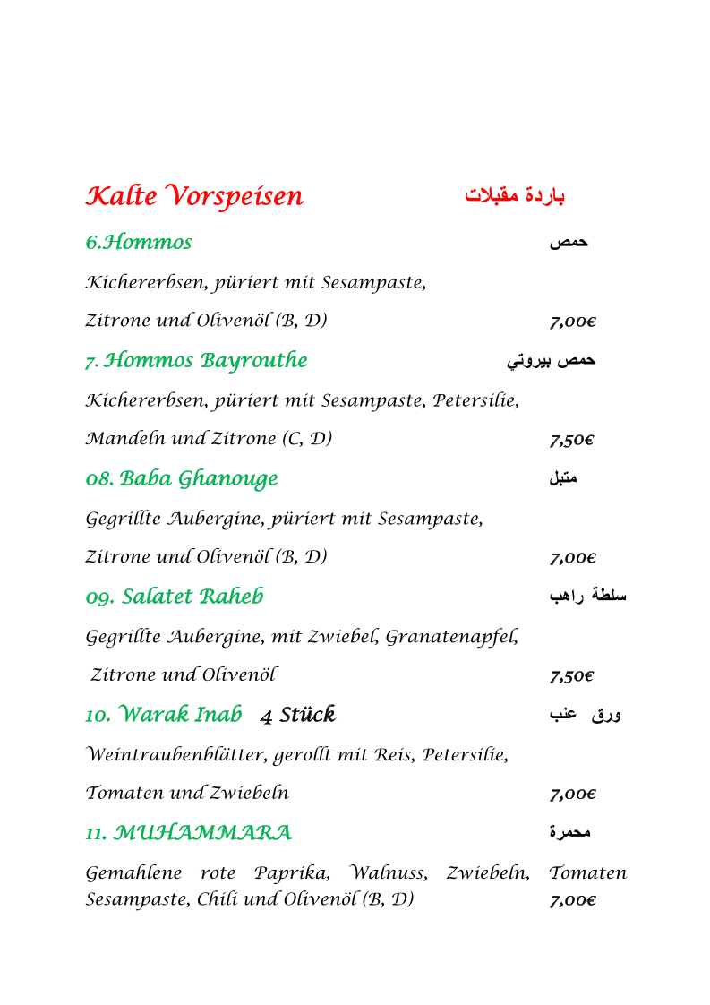 Speisekarte, Nay Restaurant