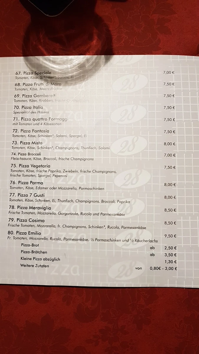 Speisekarte, Pizzeria Italia