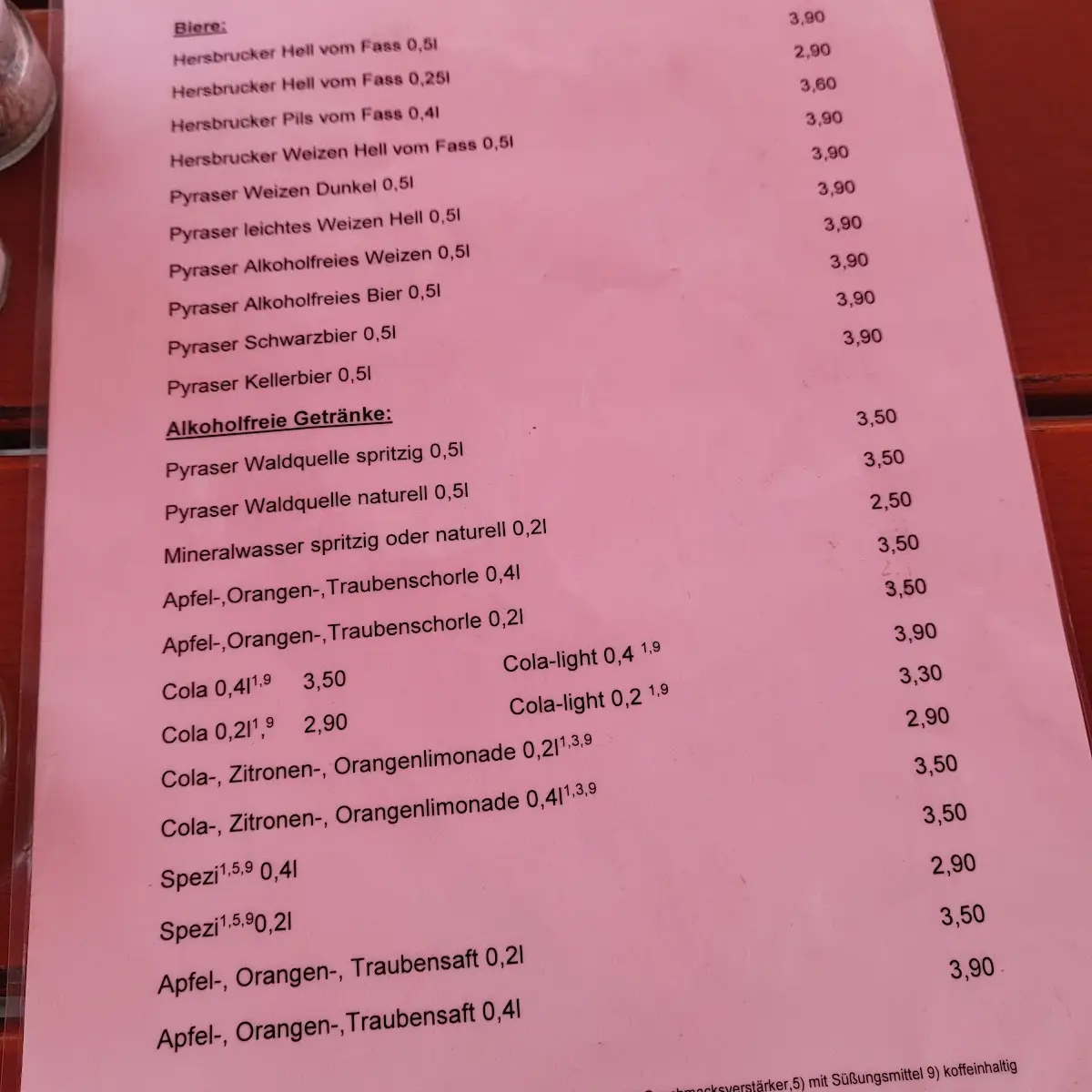 Speisekarte, Gasthof zum Bayerischen