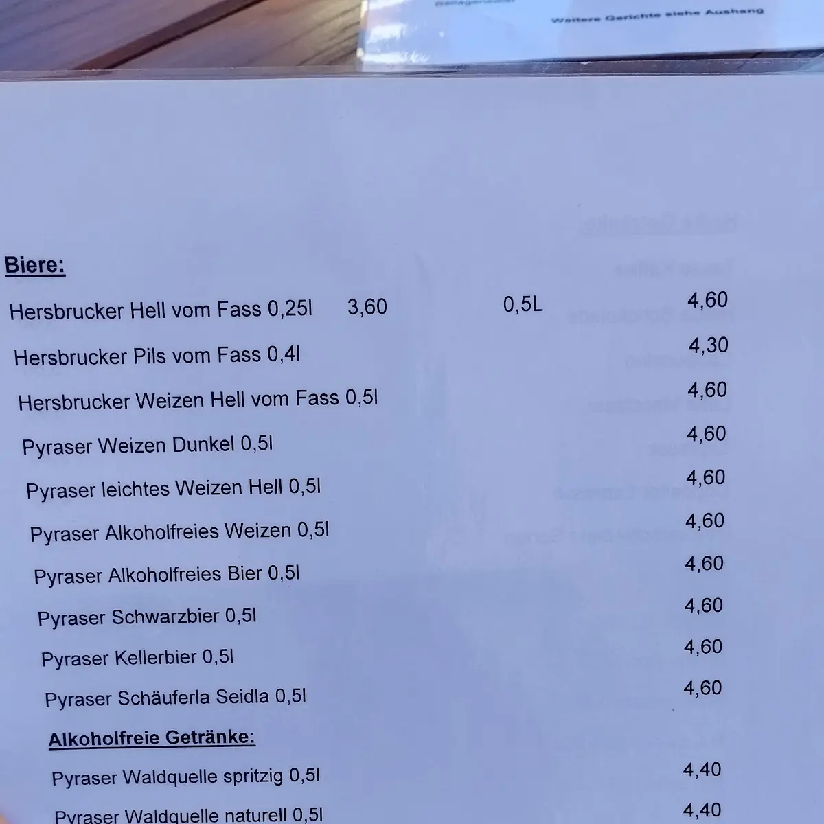 Speisekarte, Gasthof zum Bayerischen