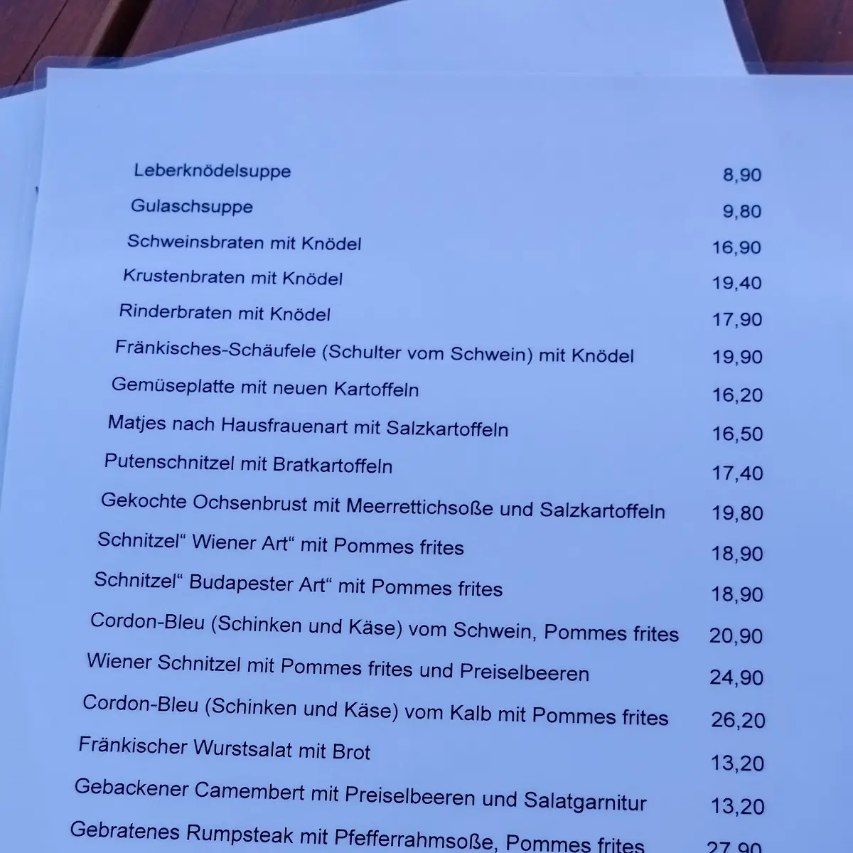 Speisekarte, Gasthof zum Bayerischen
