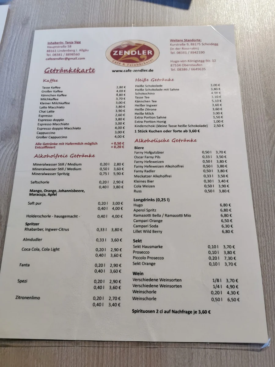 Speisekarte, Stadtcafé & Feinbäckerei Zendler