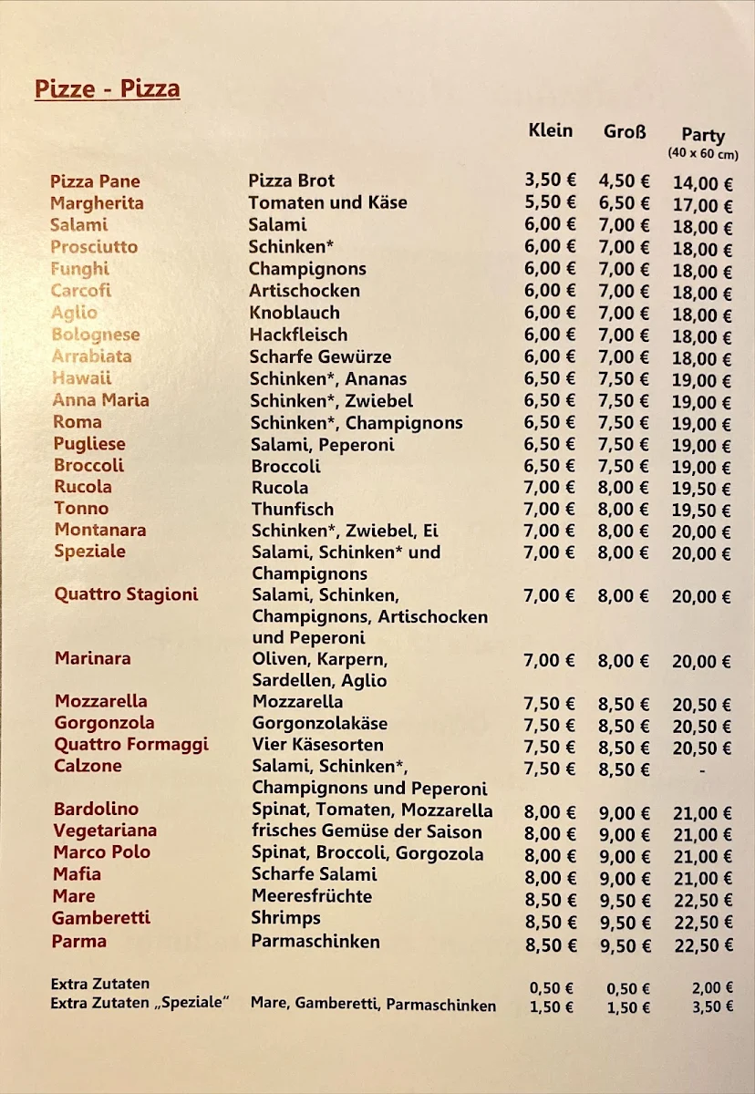 Speisekarte, Ristorante Pizzeria Marco Polo