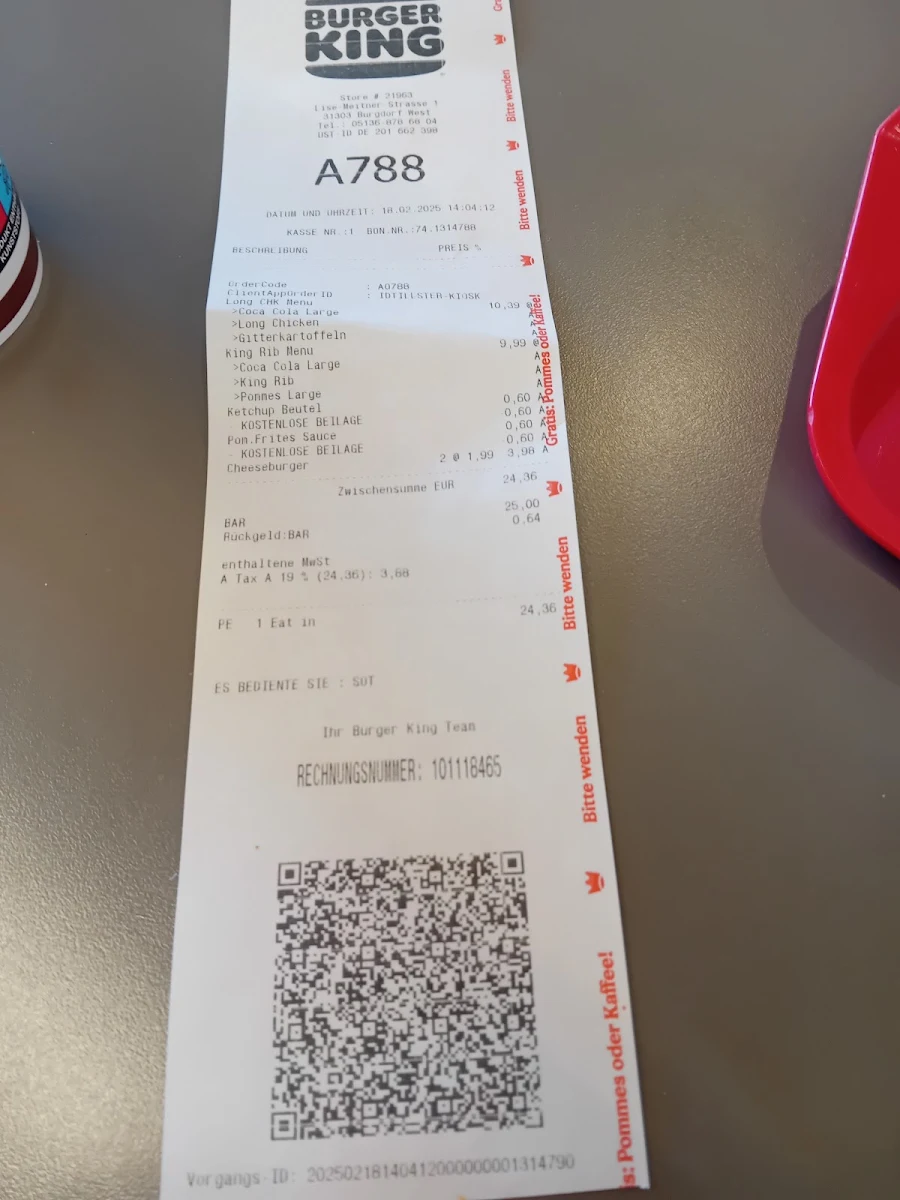 Speisekarte, Burger King Burgdorf