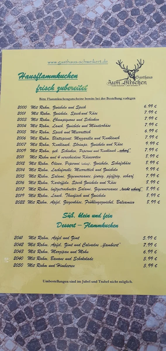 Speisekarte, Gasthaus "Zum Hirschen" beim Schweikert, A.u.C. Kratochwill GbR