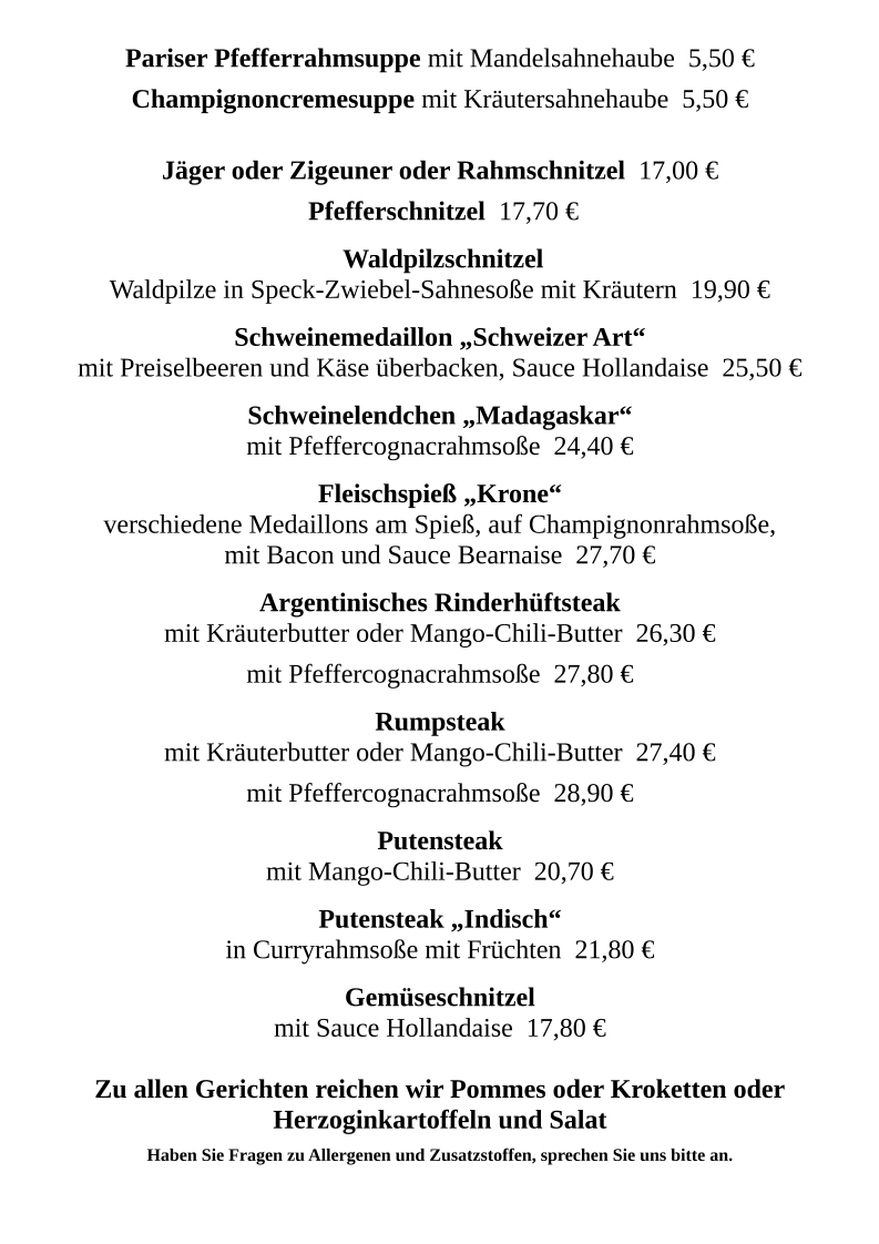 Speisekarte, Speisegaststätte Zur Krone