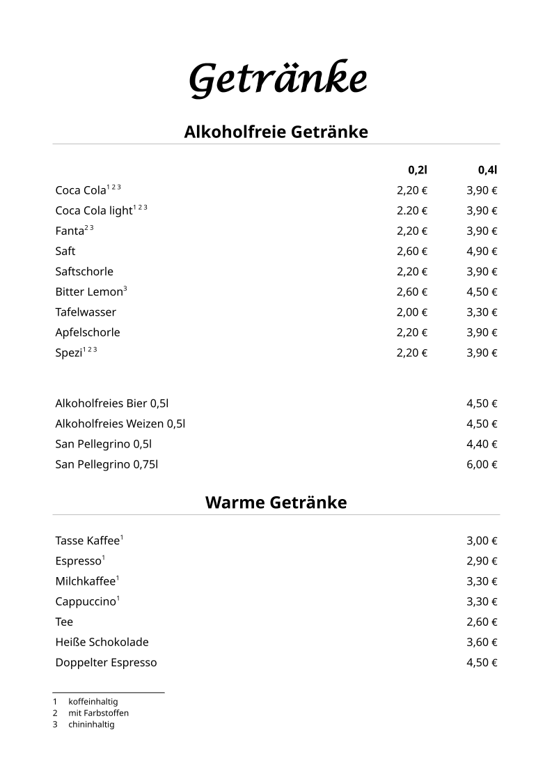 Speisekarte, Restaurant Dillinger Hof