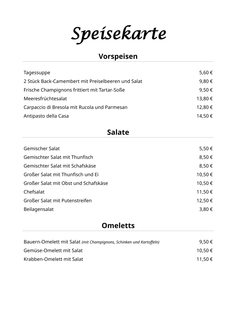 Speisekarte, Restaurant Dillinger Hof