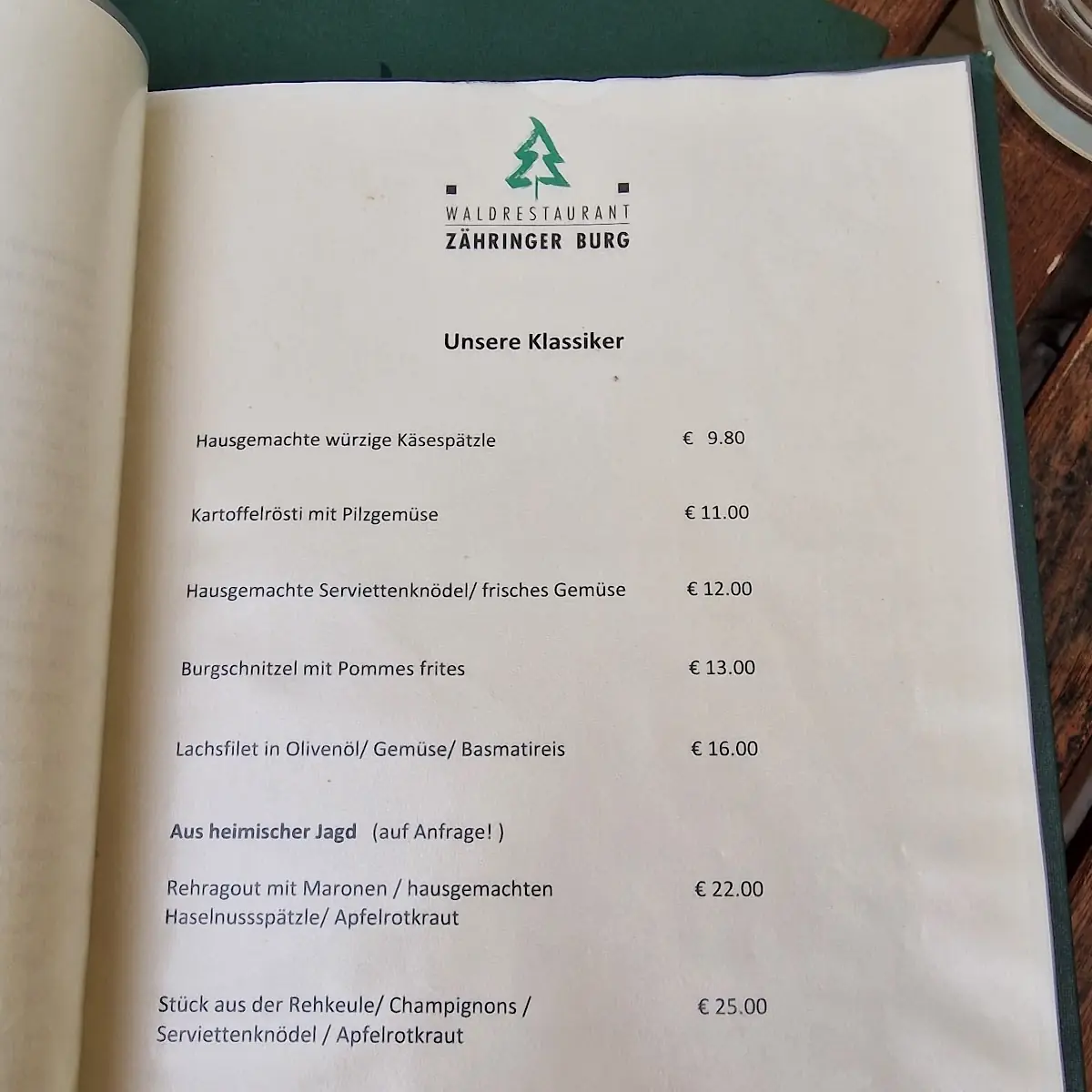Speisekarte, Waldrestaurant Zähringer Burg - Freiburg im Breisgau