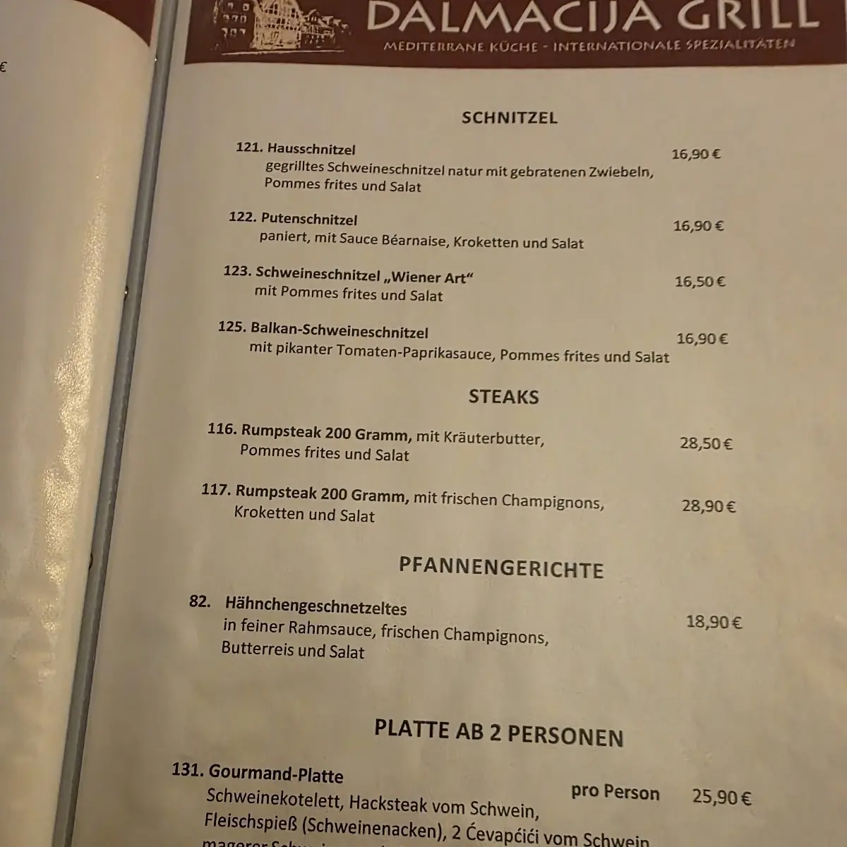 Speisekarte, Dalmacija Grill Lauterbach/ Hessen