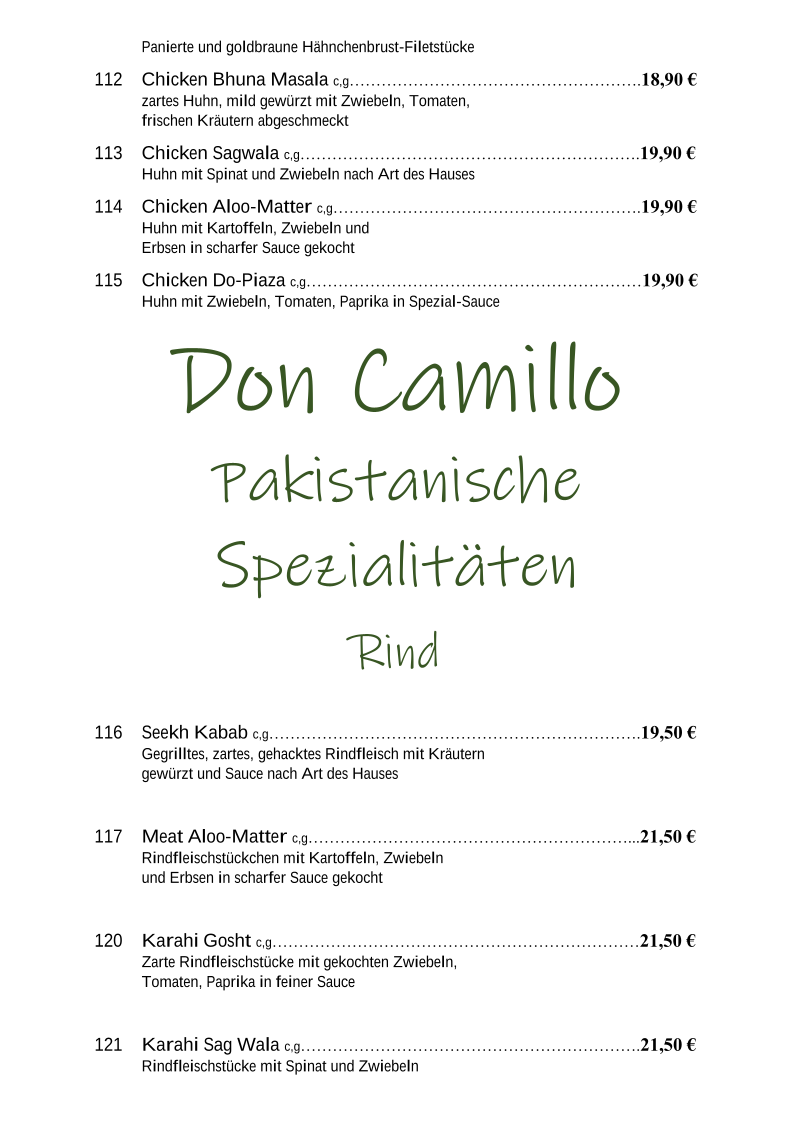 Speisekarte, Restaurant Don Camillo