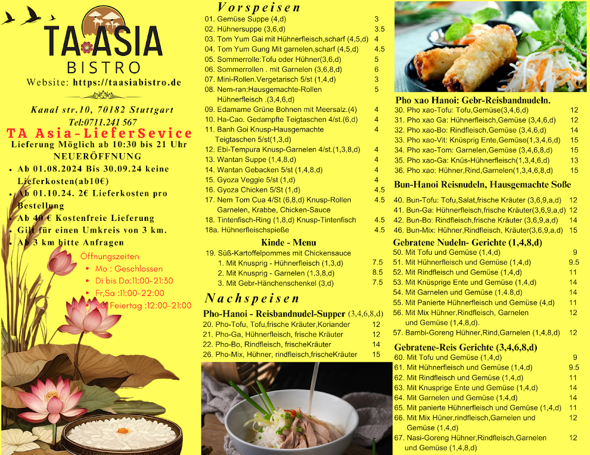 Speisekarte, TA Asia Bistro