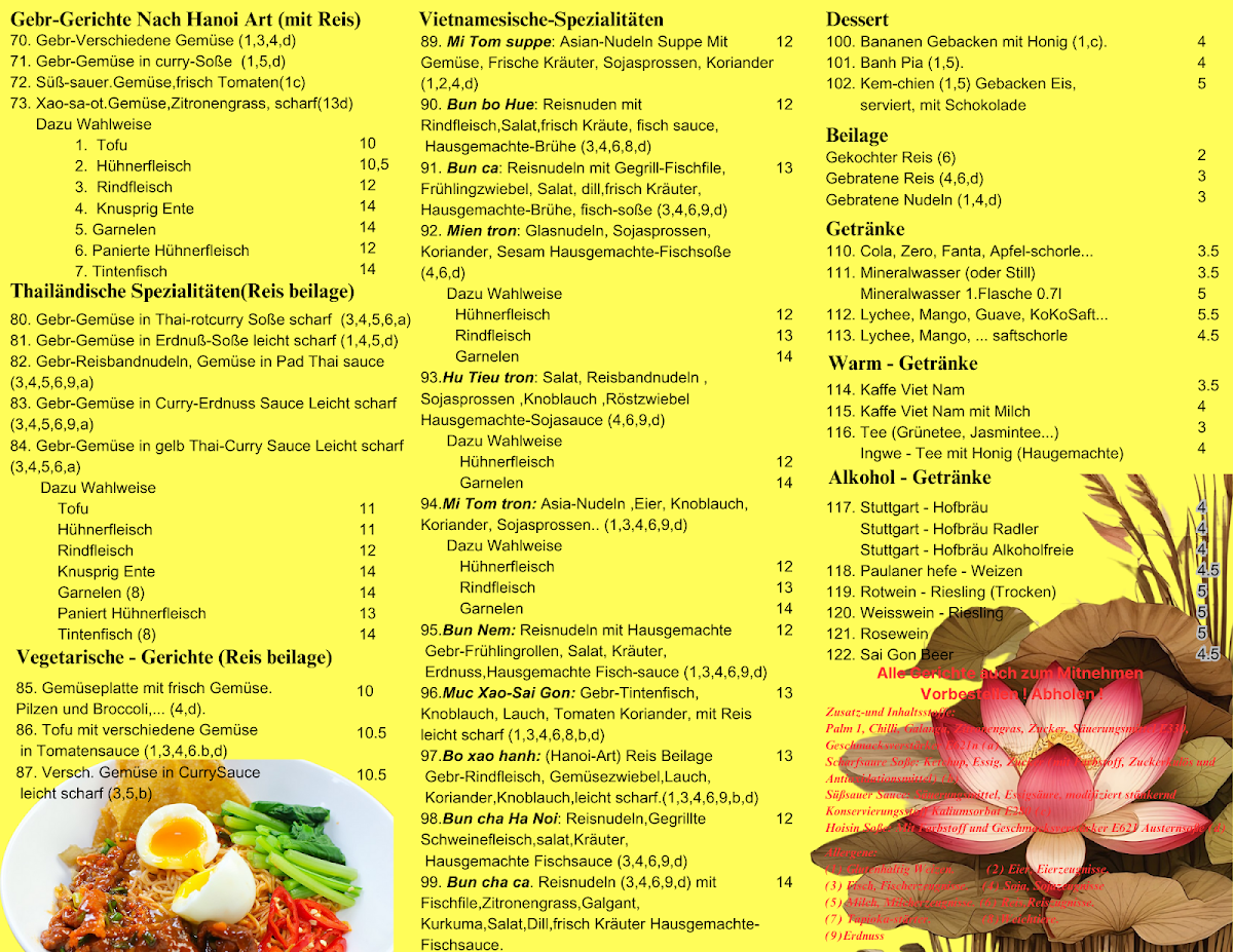 Speisekarte, TA Asia Bistro