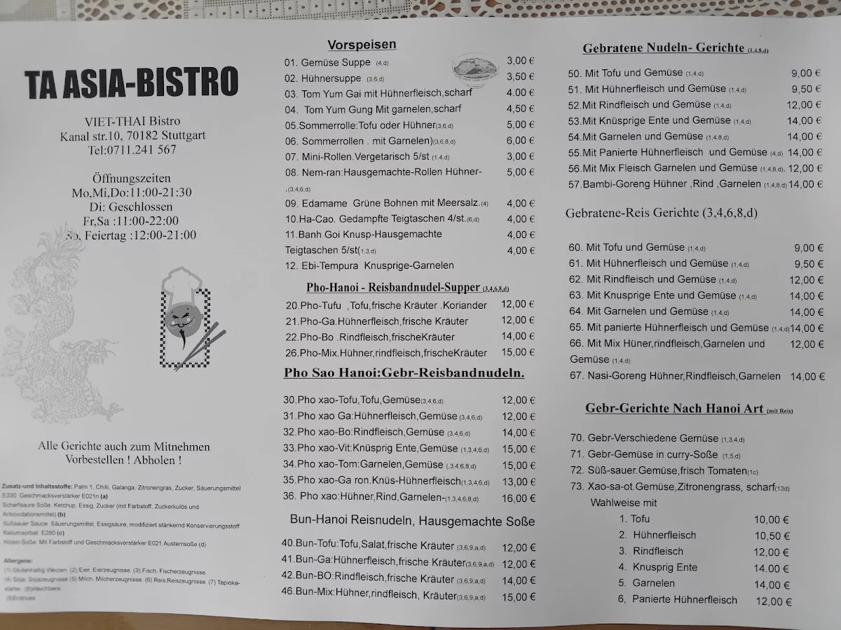 Speisekarte, TA Asia Bistro