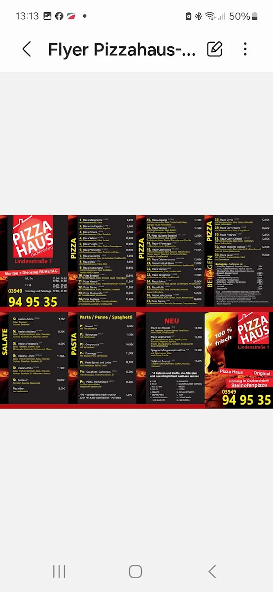 Speisekarte, Pizza Haus