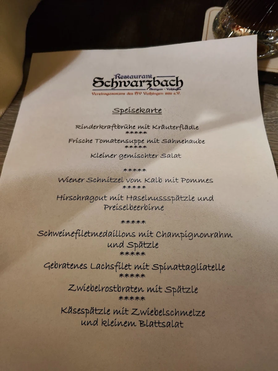 Speisekarte, Restaurant Schwarzbach