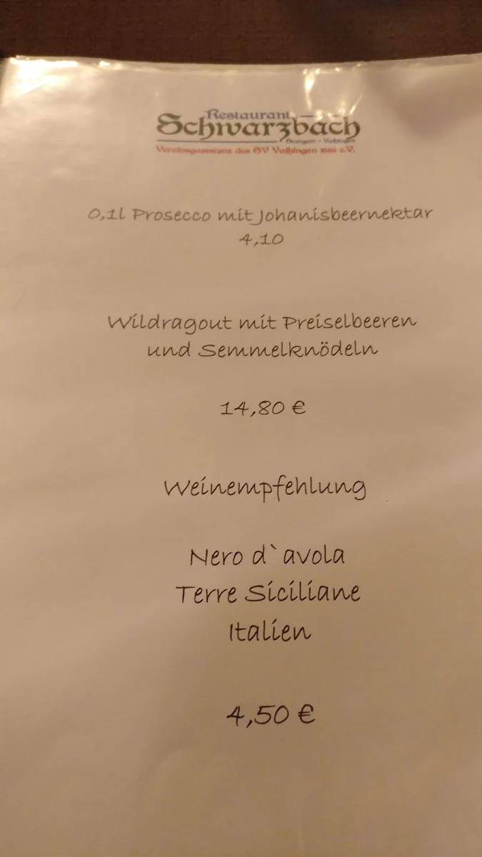 Speisekarte, Restaurant Schwarzbach