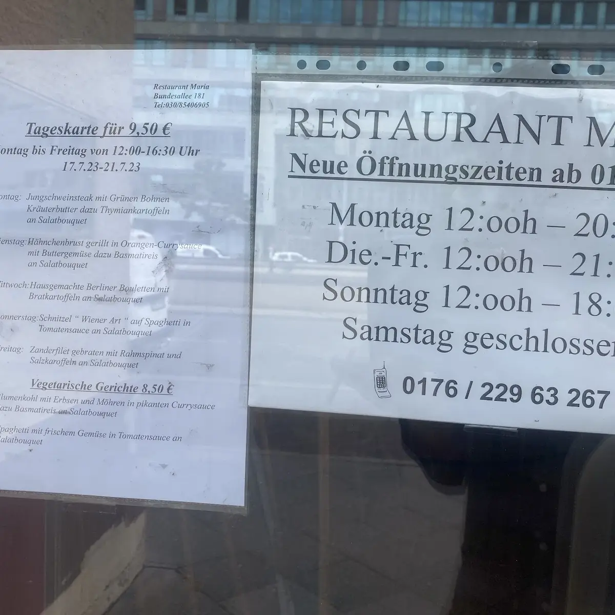 Speisekarte, Restaurant Maria