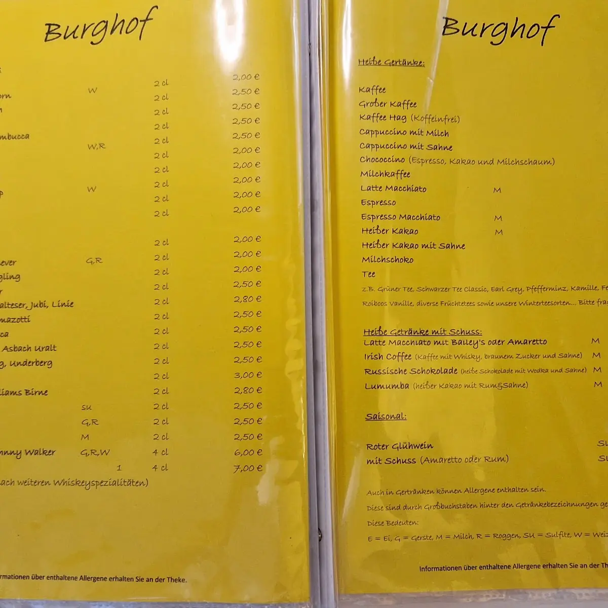 Speisekarte, Wirtshaus Burghof Brüggen