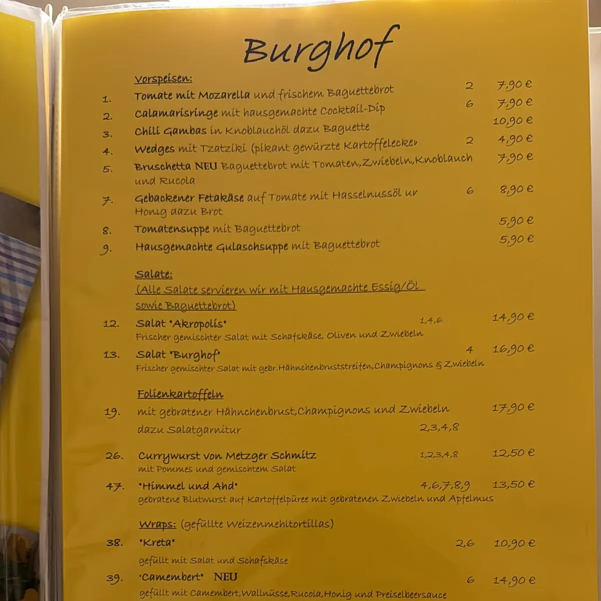 Speisekarte, Wirtshaus Burghof Brüggen