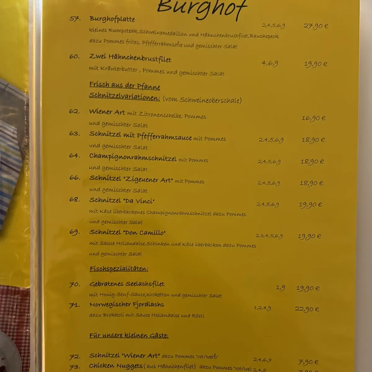 Speisekarte, Wirtshaus Burghof Brüggen
