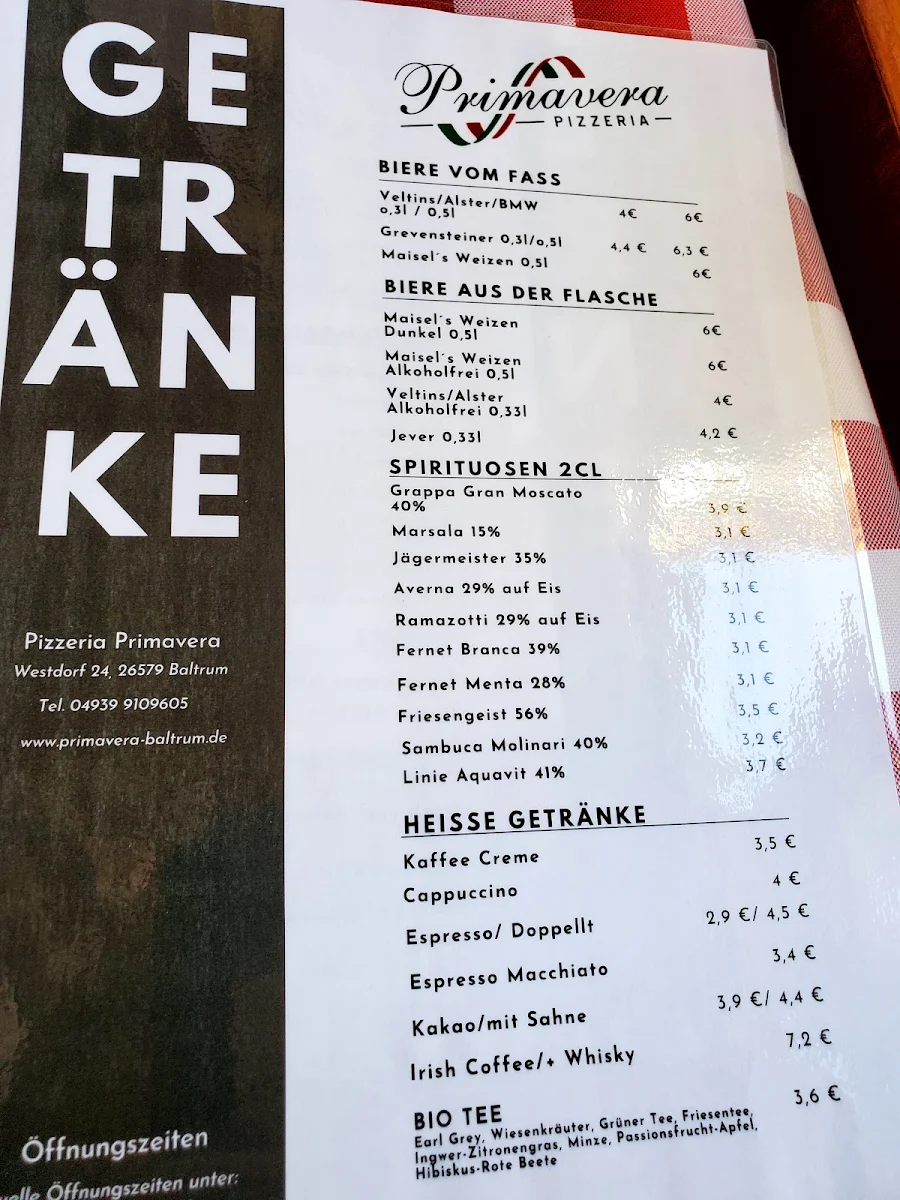 Speisekarte, Pizzeria Primavera